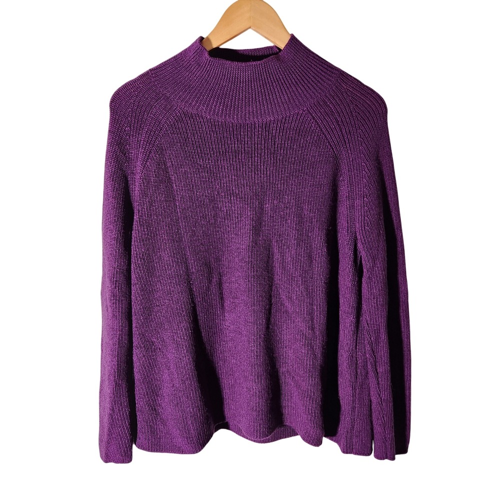 Eileen Fisher Sweater M Purple Extra Fine Merino Wool Mock Neck Ribbed Knit